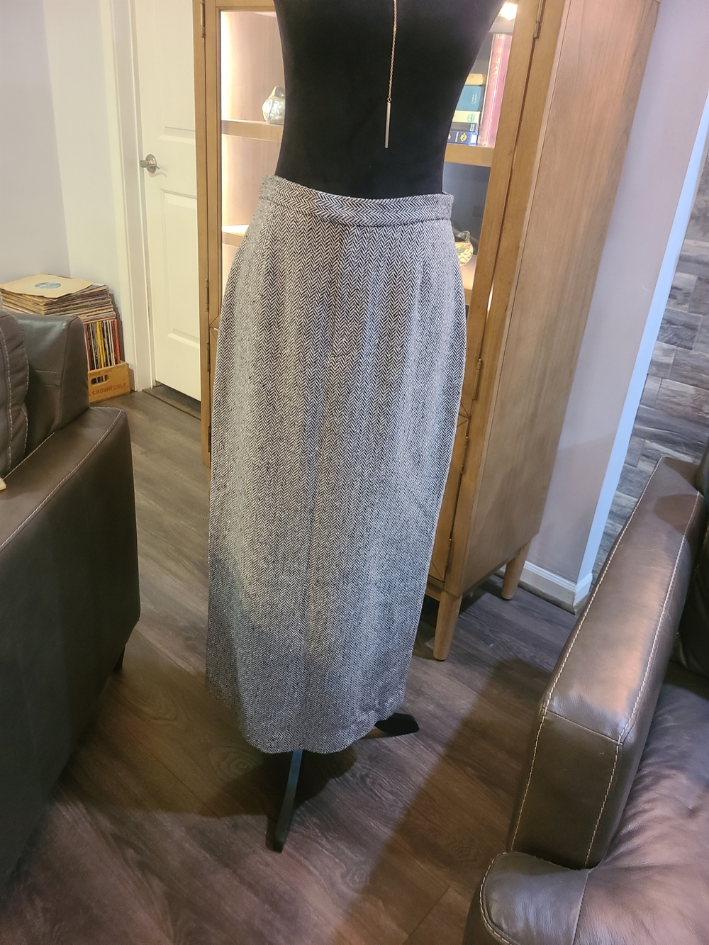 Classic Gray Herringbone Wool Blend Midi Skirt